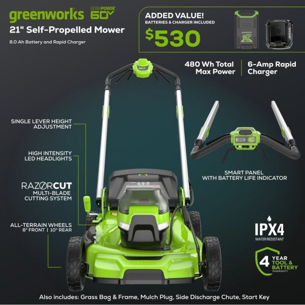 105c0023-4345-4bee-af22-74610e9b13c8.cc83075275a96943b7e0db4cc4151651.jpg Greenworks 60V 21″ Self Propelled Lawn Mower with (1) 8.0 Ah Battery & Rapid Charger 2546402