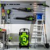 Greenworks 80V 21” Lawn Mower, 13” String Trimmer, and 730 Leaf Blowers.
