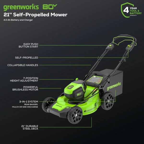 Greenworks 80V 21″ Cordless Self-Propelled Lawn Mowers.
