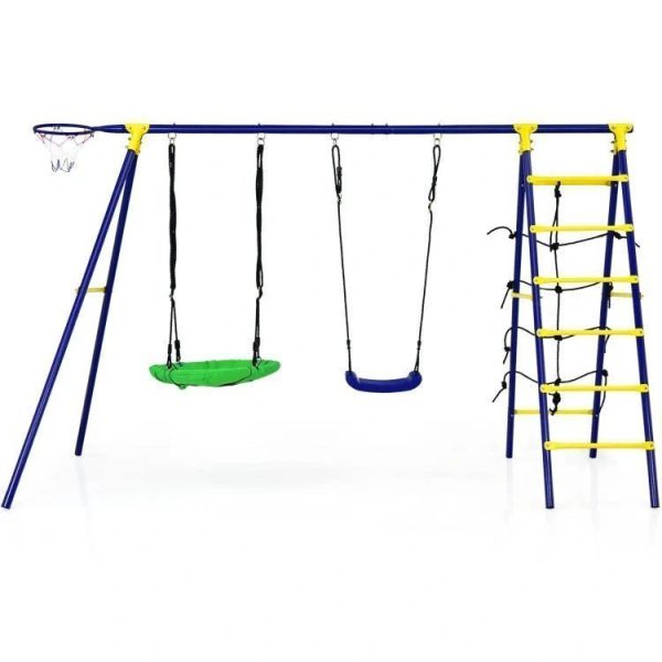 5-in-1-outdoor-kids-swing-set-with-a-shaped-metal-frame-and-ground-stake.jpg Ultimate 5-In-1 Outdoor Kids Swing Set with Sturdy A-Frame Metal Construction and Secure Ground Stakes
