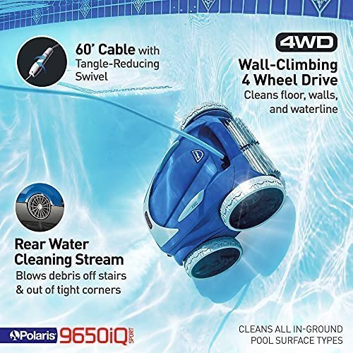 51b8P91qkhS.jpg Polaris 9650iQ Sport Robotic Cleaner, Automatic Vacuum for InGround Pools up to 60ft, Smart App, WiFi, Amazon Alexa, 70ft Swivel Cable w/Strong Suction & Easy Access Filter Canister