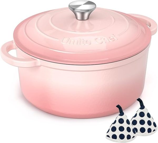 619F9Cdw0aL._AC_SX679.jpg Umite Chef 5QT Enameled Cast Iron Dutch Oven Pot with Lid, Heavy-Duty Cookware for Bread Baking, Braising, Stews, Roasting, Wedding Registry Ideas & Gifts (Pink)