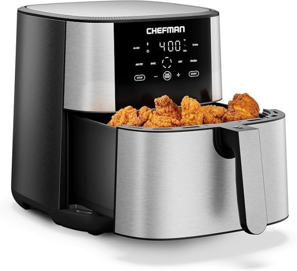 71VzGtbzyFL._AC_SX679.jpg Chefman Air Fryer 8 Qt | TurboFry® 4-in-1 with 450°F Hi-Fry Option for Crispier Results | Bake, Dehydrate, Frozen | XL Nonstick Dishwasher-Safe Basket | Stainless Steel