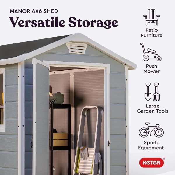 813gmLCy5lL._AC_SL1500-1.jpg Keter Manor 4×6 Resin Outdoor Storage Shed Kit-Perfect to Store Patio Furniture, Garden Tools Bike Accessories, Beach Chairs and Lawn Mower, Grey & White