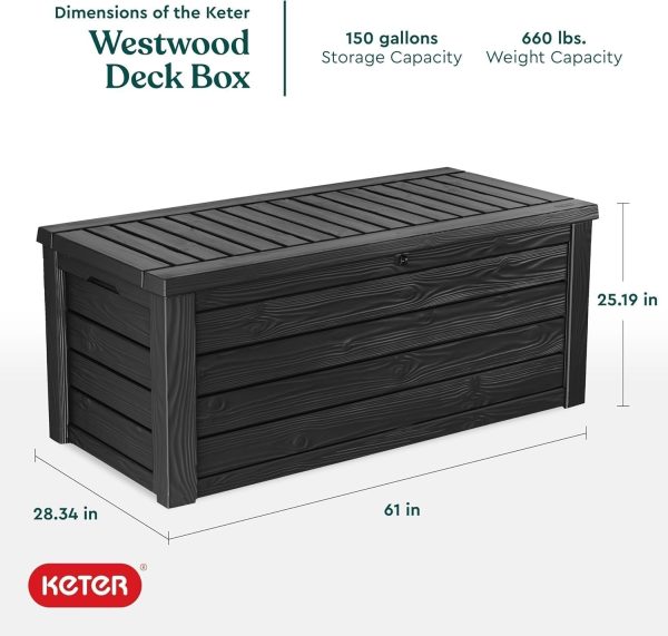 81gCBHqBriL._AC_SL1500.jpg Keter Westwood 150-Gallon Resin Outdoor Storage Box | Weather-Resistant Deck Bin for Patio Cushions, Garden Tools & Pool Accessories – Dark Grey