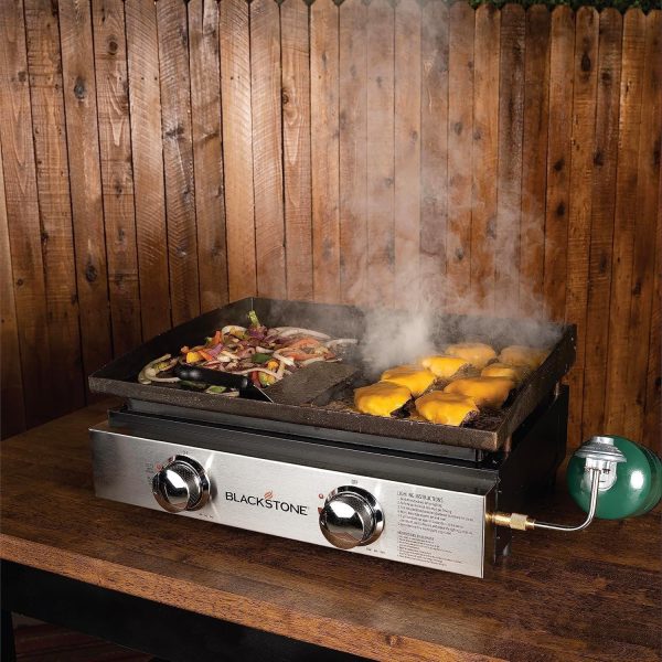 91BxrOZn3zL._AC_SL1500.jpg Blackstone 22″ Portable Tabletop Griddle – Dual Burner Flat Top Grill, 24,000 BTU Propane with Stainless Steel Faceplate & Rear Grease System