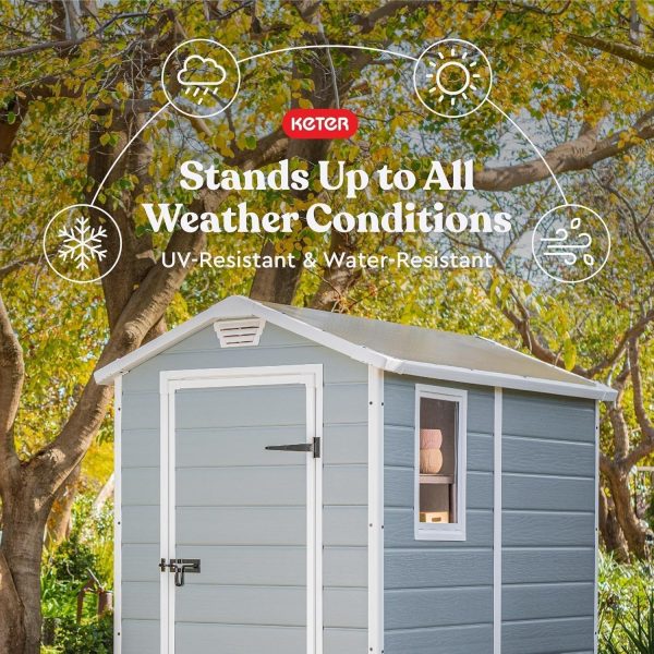 91Xk9JRq6DL._AC_SL1500-1.jpg Keter Manor 4×6 Resin Outdoor Storage Shed Kit-Perfect to Store Patio Furniture, Garden Tools Bike Accessories, Beach Chairs and Lawn Mower, Grey & White
