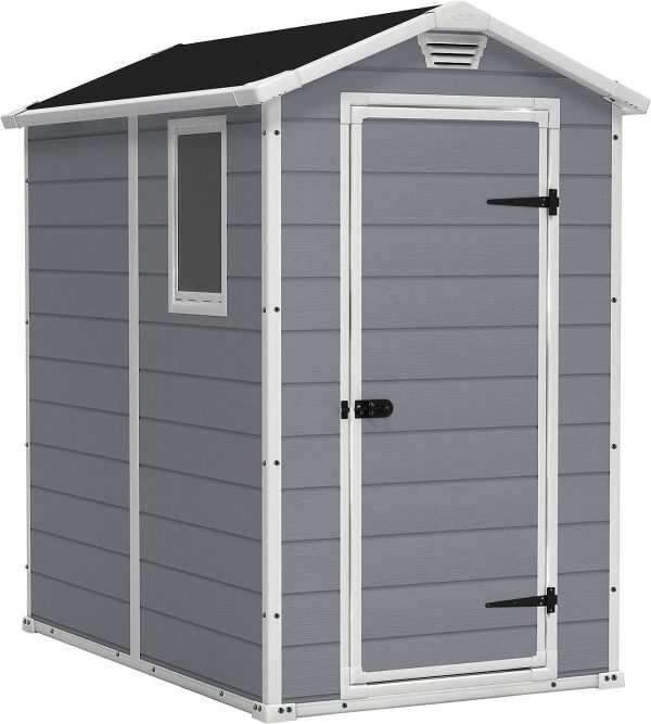 91idKRZ3AOL._AC_SL1500-1.jpg Keter Manor 4×6 Resin Outdoor Storage Shed Kit-Perfect to Store Patio Furniture, Garden Tools Bike Accessories, Beach Chairs and Lawn Mower, Grey & White