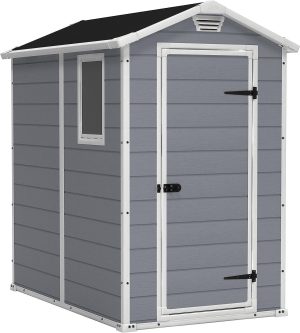 91idKRZ3AOL._AC_SL1500.jpg Keter Manor 4×6 Resin Outdoor Storage Shed Kit-Perfect to Store Patio Furniture, Garden Tools Bike Accessories, Beach Chairs and Lawn Mower, Grey & White