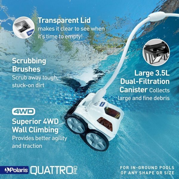 A1-vqfy3xfL.jpg Polaris Quattro P40 Pressure Side Pool Cleaner for All In-Ground Pool Surfaces, Large-Capacity Dual Filtration Canister, 31′ Hose & Transparent Lid to View Debris