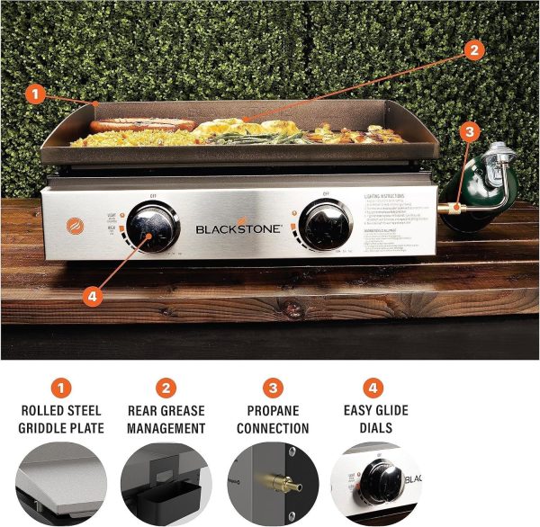 A1sXdWbEj-L._AC_SL1500.jpg Blackstone 22″ Portable Tabletop Griddle – Dual Burner Flat Top Grill, 24,000 BTU Propane with Stainless Steel Faceplate & Rear Grease System