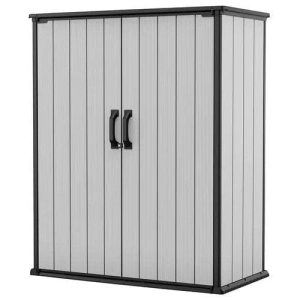 img-1877.jpg Keter Premier Tall Resin Outdoor Storage Shed with Shelving Brackets for Patio Furniture, Pool Accessories, and Bikes, Grey & Black