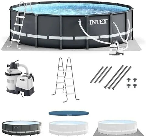 j1-15-1.jpg Intex Ultra XTR Frame 14′ x 42″ Round Above Ground Outdoor Swimming Pool Set with Sand Filter Pump, Ladder, Ground Cloth, and Pool Covers
