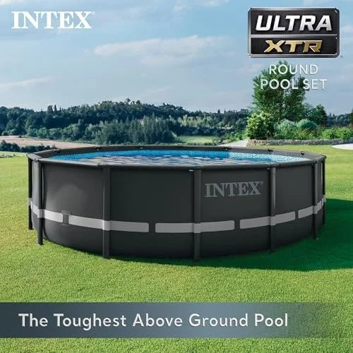 j2-11-1.jpg Intex Ultra XTR Frame 14′ x 42″ Round Above Ground Outdoor Swimming Pool Set with Sand Filter Pump, Ladder, Ground Cloth, and Pool Covers