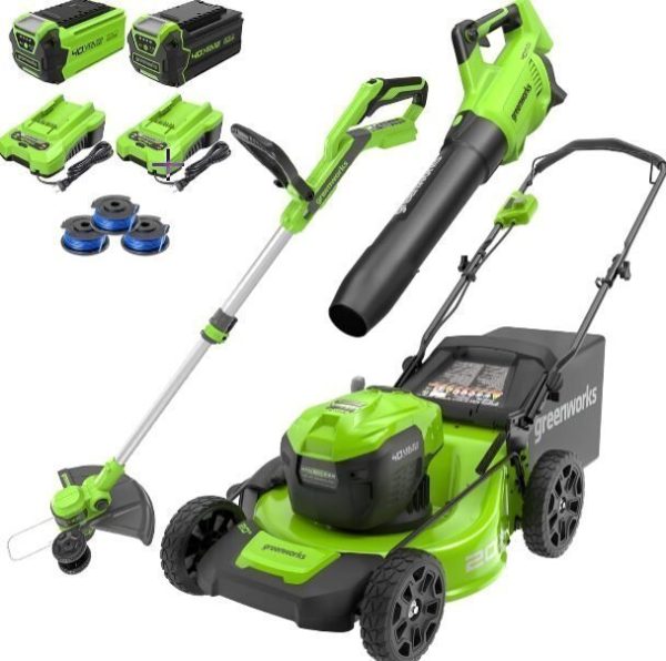 sd-1.jpg Greenworks 40V 20″ Cordless Mower, 500 CFM Blower, 12″ Trimmer, 2 Batteries (5Ah + 2Ah) & Chargers